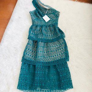 Self-Portrait One Shoulder Green Floral Guipure Lace Tiered Midi Dress